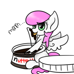 Size: 500x500 | Tagged: safe, artist:wisheslotus, oc, oc only, oc:lily, pegasus, pony, female, food, licking, mare, micro, nutella, pegasus oc, simple background, sitting, tongue out, transparent background, wings