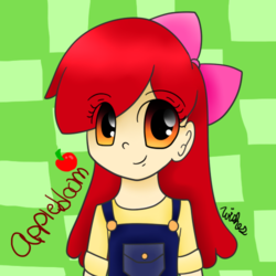 Size: 500x500 | Tagged: safe, artist:wisheslotus, apple bloom, human, g4, abstract background, bow, clothes, female, hair bow, humanized, overalls, signature, solo