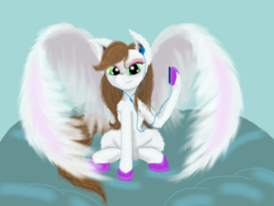 Size: 1600x1200 | Tagged: safe, artist:auroraswirls, oc, oc only, oc:sky feather, pegasus, pony, earbuds, female, hoof hold, ipod, mare, music player, pegasus oc, solo, spread wings, unshorn fetlocks, wings