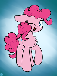 Size: 1536x2048 | Tagged: dead source, safe, artist:php142, pinkie pie, earth pony, pony, g4, blue background, chest fluff, cute, diapinkes, female, looking at you, mare, one eye closed, open mouth, raised hoof, simple background, solo, wink