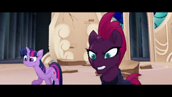 Size: 1920x1080 | Tagged: safe, screencap, storm king, tempest shadow, twilight sparkle, alicorn, pony, unicorn, yeti, g4, my little pony: the movie, adorable distress, animated, anime eyes, antagonist, bleh, broken horn, canterlot castle, cross-eyed, crown, cute, eye scar, eyelashes, faic, fangs, female, frown, group hug, holding a pony, horn, horns, hug, jewelry, male, mare, mocking, open mouth, regalia, sarcasm, scar, smiling, sound, squeezing, squishy, staff, staff of sacanas, stained glass, storm king's emblem, stormabetes, talking, tempestbetes, tongue out, trio, twiabetes, twilight sparkle (alicorn), villains touching twilight, webm