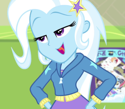 Size: 1238x1079 | Tagged: safe, screencap, trixie, equestria girls, equestria girls series, forgotten friendship, g4, barrette, canterlot high, clothes, cropped, female, hallway, hand on hip, hoodie, lidded eyes, lockers, open mouth, raised eyebrow, solo, trixie's poster