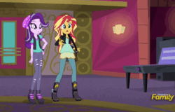 Size: 692x442 | Tagged: safe, screencap, starlight glimmer, sunset shimmer, equestria girls, equestria girls specials, g4, mirror magic, animated, beanie, clothes, female, gif, hat, running