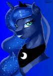 Size: 3508x4961 | Tagged: safe, artist:skyart301, princess luna, pony, g4, blue background, bust, female, grin, looking at you, simple background, smiling, solo