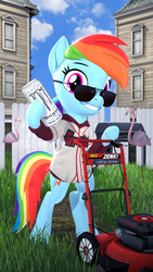 Size: 1080x1920 | Tagged: safe, artist:owlpirate, rainbow dash, pegasus, pony, g4, 3d, bipedal, boomer, clothes, energy drink, female, glasses, lawn mower, mare, meme, monster energy, outdoors, revamped ponies, solo, source filmmaker, sunglasses