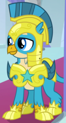 Size: 440x813 | Tagged: safe, screencap, gallus, griffon, g4, the last problem, armor, cropped, helmet, male, older, older gallus, royal guard armor, royal guard gallus, solo