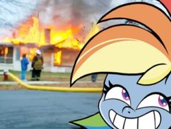 Size: 480x360 | Tagged: safe, rainbow dash, human, pegasus, pony, g4.5, my little pony: pony life, bean mouth, burning, disaster girl, female, fire, fire hydrant, firefighter, firefighter helmet, grass, helmet, hose, house, house fire, implied arson, irl, irl human, looking at you, looking back, mare, meme, outdoors, photo, road, sidewalk, sky, smiling, smiling at you, smoke, some mares just want to watch the world burn, this ended in fire, tree, what have you done?!