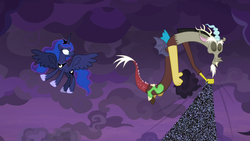 Size: 1920x1080 | Tagged: safe, screencap, discord, princess luna, pony, g4, the summer sun setback, cloud, discord being discord, fourth wall, static, surprised, wide eyes