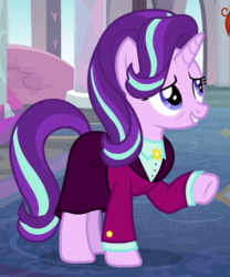 Size: 320x385 | Tagged: safe, screencap, starlight glimmer, pony, unicorn, g4, the last problem, all is well, bags under eyes, clothes, cropped, female, grin, headmare starlight, mare, older, older starlight glimmer, raised hoof, school of friendship, smiling, solo, suit
