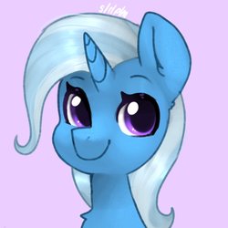 Size: 768x768 | Tagged: safe, artist:siripim111, trixie, pony, unicorn, g4, bust, female, looking at you, mare, pink background, simple background, smiling, solo