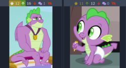 Size: 459x248 | Tagged: safe, edit, edited screencap, screencap, spike, dragon, derpibooru, g4, baby, baby dragon, baby spike, gigachad spike, juxtaposition, meta, older, older spike, they grow up so fast, winged spike, wings, younger