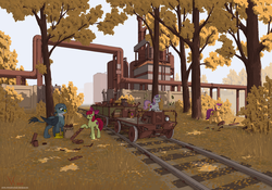 Size: 3000x2100 | Tagged: safe, artist:eriada, apple bloom, gabby, scootaloo, sweetie belle, griffon, pony, g4, cutie mark crusaders, high res, metal, railroad, scenery, tree