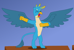 Size: 2038x1388 | Tagged: safe, artist:alexeigribanov, gallus, gorilla, griffon, g4, angry, beating chest, bipedal, blue background, caveman, chest pounding, screaming, simple background, spread wings, tarzan, wings