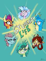 Size: 774x1032 | Tagged: safe, artist:catscratchpaper, gallus, ocellus, sandbar, silverstream, smolder, yona, classical hippogriff, dragon, earth pony, griffon, hippogriff, pony, yak, g4, g4.5, my little pony: pony life, bean mouth, bow, cute, diaocelles, diastreamies, dragoness, female, gallabetes, gallus is not amused, hair bow, looking at you, monkey swings, sandabetes, smolderbetes, student six, style emulation, unamused, yonadorable