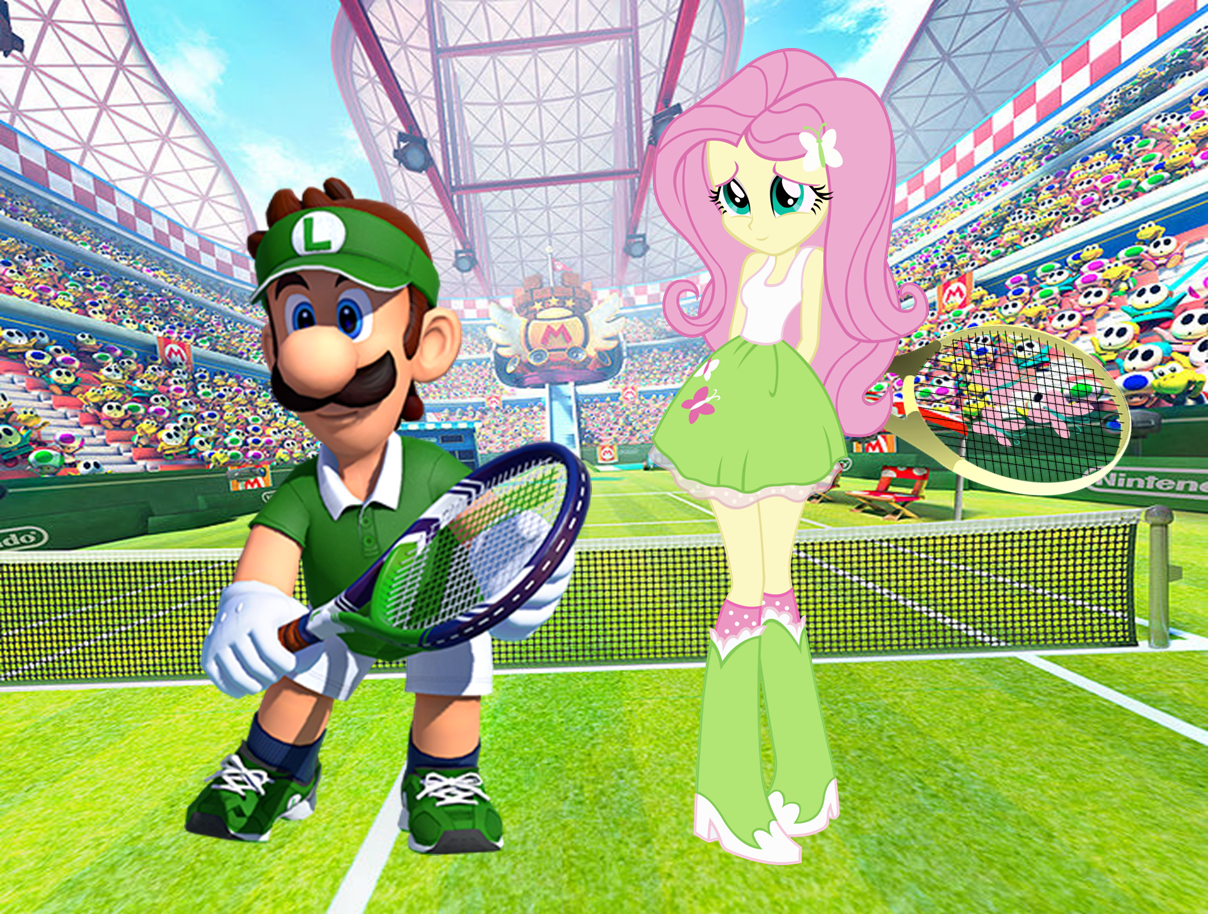 2196667 - safe, artist:doctor-g, artist:uxyd, artist:vg805smashbros,  fluttershy, human, equestria girls, barely eqg related, crossover, crowd,  duo, duo focus, luigi, luigishy, mario tennis, mario tennis aces, nintendo,  shy, sports, super mario bros ...