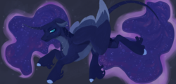 Size: 2700x1300 | Tagged: safe, artist:isorrayi, princess luna, alicorn, pony, g4, alternate design, colored wings, countershading, curved horn, female, horn, looking at you, mare, multicolored wings, solo, wings