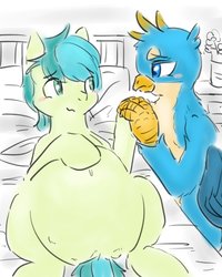 Size: 1600x2000 | Tagged: safe, artist:gamijack, gallus, sandbar, earth pony, griffon, pony, g4, bed, belly, belly button, big belly, blushing, duo, flower, gay, looking at each other, male, male pregnancy, on back, pregnant, ship:gallbar, shipping, teenager