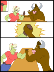 Size: 2992x3952 | Tagged: safe, artist:matchstickman, granny smith, oc, unnamed oc, earth pony, minotaur, anthro, comic:free cider, g4, arm wrestling, biceps, breasts, busty granny smith, clothes, comic, deltoids, duo, female, granny smash, high res, jeans, male, mare, muscles, no dialogue, pants, shirt, simple background, sweat, sweatdrop, table, white background, young granny smith, younger