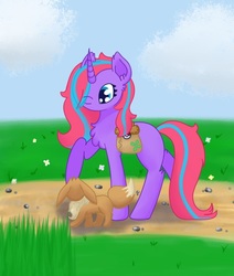 Size: 599x706 | Tagged: safe, artist:morrigun, oc, oc only, eevee, pony, unicorn, curved horn, dirt road, female, flower, fluffy, grass, hair over one eye, horn, mare, outdoors, pokémon, saddle bag, solo, walking