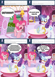 Size: 1380x1924 | Tagged: safe, artist:pippy, pinkie pie, rarity, pony, pinkiepieskitchen, g4, apron, clothes, comic, magic, measuring tape, paper, pencil