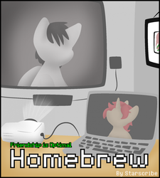 Size: 922x1023 | Tagged: safe, artist:zutcha, oc, oc only, oc:arcane word, oc:domino, pony, fanfic:friendship is optimal, computer, fanfic, fanfic art, fanfic cover, laptop computer, projector