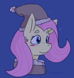 Size: 616x643 | Tagged: safe, artist:fuzzypones, fluttershy, pony, g4, animated, blinking, blush sticker, blushing, breath, breathing, bust, clothes, eyebrows, female, freckles, gif, hat, mare, portrait, solo, three quarter view, winter, winter outfit