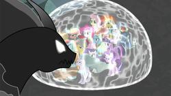 Size: 1280x720 | Tagged: safe, screencap, applejack, flash magnus, fluttershy, meadowbrook, pinkie pie, pony of shadows, rainbow dash, rarity, rockhoof, somnambula, star swirl the bearded, starlight glimmer, sunburst, twilight sparkle, alicorn, earth pony, pegasus, pony, unicorn, g4, shadow play, angry, female, force field, magic, male, mare, stallion, twilight sparkle (alicorn), unamused