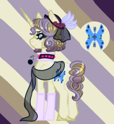 Size: 1352x1476 | Tagged: safe, artist:grateful-dead-raised, oc, oc only, pony, unicorn, abstract background, choker, clothes, crack ship offspring, freckles, hat, next generation, offspring, parent:hayseed turnip truck, parent:rarity, parents:rariseed, scarf, solo, stockings, thigh highs