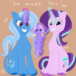 Size: 4000x4000 | Tagged: safe, artist:mischievousartist, starlight glimmer, trixie, oc, oc:sapphire dawn lulamoon, classical unicorn, pony, unicorn, g4, curved horn, family, female, filly, horn, i made this, leonine tail, lesbian, magical lesbian spawn, mare, offspring, parent:starlight glimmer, parent:trixie, parents:startrix, ship:startrix, shipping, sitting, smiling, unshorn fetlocks