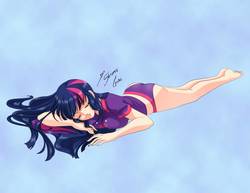 Size: 1017x786 | Tagged: safe, artist:shinta-girl, twilight sparkle, human, equestria girls, g4, 2019, anime style, ass, barefoot, breasts, butt, clothes, feet, female, human coloration, humanized, legs, panties, sleeping, solo, twibutt, underwear