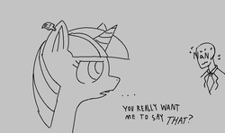 Size: 1152x681 | Tagged: safe, twilight sparkle, oc, oc:anon, pony, g4, duo, monochrome, sweat, the pony machine learning project, twilight sparkle is not amused, unamused