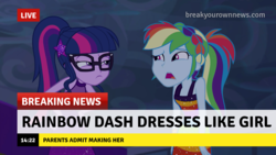 Size: 1280x720 | Tagged: safe, edit, edited screencap, screencap, rainbow dash, twilight sparkle, equestria girls, equestria girls specials, g4, my little pony equestria girls: spring breakdown, break your own news, breaking news, captain obvious, clothes, confused, dress, looking at each other, meme, rainbow dash always dresses in style, suspicious