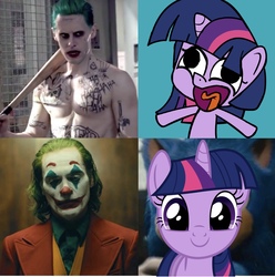 Size: 2205x2222 | Tagged: safe, twilight sparkle, human, pony, unicorn, g4.5, my little pony: pony life, bad meme, blazer, clothes, dank memes, dc comics, dc extended universe, high res, joker (2019), male, meme, pony life drama, shitposting, sonic the hedgehog, sonic the hedgehog (series), spoilers for another series, suicide squad, the joker, unicorn twilight, waistcoat