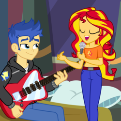Size: 683x683 | Tagged: safe, artist:mlp-trailgrazer, flash sentry, sunset shimmer, equestria girls, g4, electric guitar, female, guitar, male, microphone, musical instrument, ship:flashimmer, shipping, straight