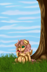 Size: 550x844 | Tagged: safe, artist:ohflaming-rainbow, oc, oc only, oc:sunshine apple shy, pegasus, pony, apple, eating, female, filly, food, freckles, grass, offspring, one eye closed, open mouth, parent:big macintosh, parent:fluttershy, parents:fluttermac, solo, tree