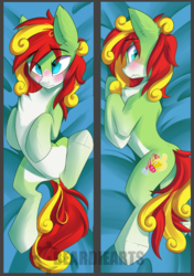 Size: 643x911 | Tagged: safe, artist:beardie, oc, oc only, oc:mango tango, earth pony, pony, blushing, body pillow, butt, chest fluff, featureless crotch, nervous, pale belly, plot, solo, wavy mouth