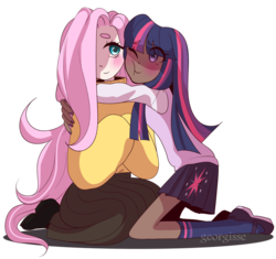 Size: 923x866 | Tagged: safe, artist:georgisse-tyan, fluttershy, twilight sparkle, human, g4, alternate hairstyle, blushing, boots, clothes, cute, dark skin, female, flats, hug, humanized, kneeling, lesbian, long skirt, mary janes, one eye closed, ship:twishy, shipping, shirt, shoes, shyabetes, simple background, skirt, socks, sweater, sweatershy, transparent background, twiabetes, wink