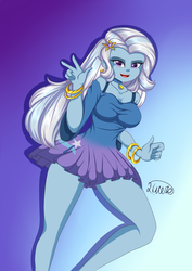 Size: 1240x1748 | Tagged: safe, artist:hwers, trixie, equestria girls, g4, barrette, beautiful, bracelet, breasts, busty trixie, cleavage, clothes, dress, female, jewelry, legs, looking at you, necklace, solo, thighs