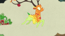 Size: 1280x720 | Tagged: safe, screencap, the great seedling, elk, g4, going to seed, eyes closed, female, leaping, solo