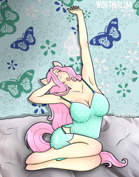 Size: 550x700 | Tagged: safe, artist:worthialumi, fluttershy, pegasus, anthro, unguligrade anthro, g4, armpits, big breasts, breasts, busty fluttershy, clothes, female, mare, pajamas, signature, sleeping clothes, solo, stretching
