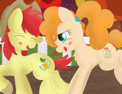 Size: 3300x2550 | Tagged: safe, artist:skyflys, bright mac, pear butter, earth pony, pony, g4, cowboy hat, cute, female, hat, high res, male, running, ship:brightbutter, shipping, straight