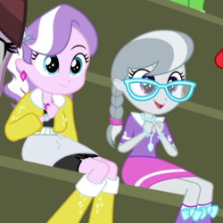 Size: 800x800 | Tagged: safe, screencap, diamond tiara, silver spoon, equestria girls, g4, my little pony equestria girls: friendship games, braided ponytail, clothes, cropped, duo focus, ear piercing, earring, female, glasses, jacket, jewelry, necklace, piercing, smiling