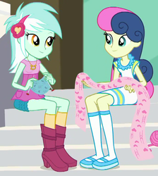 Size: 690x770 | Tagged: safe, screencap, bon bon, lyra heartstrings, sweetie drops, a queen of clubs, equestria girls, equestria girls series, g4, adorabon, cropped, cute, duo, duo female, female, headband, knitting, knitting needles, looking at each other, lyrabetes, sitting, smiling, steps