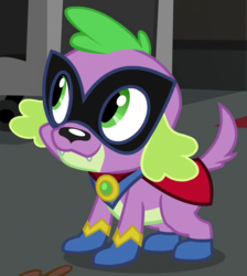 Size: 730x815 | Tagged: safe, screencap, spike, spike the regular dog, dog, equestria girls, equestria girls specials, g4, my little pony equestria girls: movie magic, clothes, costume, cropped, cute, humdrum costume, male, power ponies, solo, spikabetes