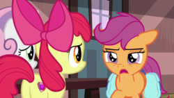 Size: 1920x1080 | Tagged: safe, screencap, apple bloom, scootaloo, sweetie belle, earth pony, pegasus, pony, unicorn, the last crusade, bloom butt, butt, cutie mark, cutie mark crusaders, female, filly, plot, saddle bag, the cmc's cutie marks