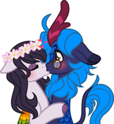 Size: 800x872 | Tagged: safe, artist:space-higanbana, oc, oc only, oc:azure splash, oc:blissful solstice, kirin, pegasus, pony, base used, blushing, female, floral head wreath, flower, glasses, kirin oc, kissing, male, mare, show accurate, simple background, transparent background
