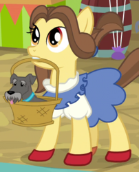 Size: 400x495 | Tagged: safe, screencap, ruby slippers (g4), dog, earth pony, pony, g4, growing up is hard to do, season 9, basket, clothes, costume, cropped, dorothy gale, mouth hold, the wizard of oz, toto
