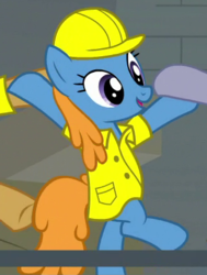 Size: 325x430 | Tagged: safe, screencap, giggleberry, earth pony, pony, g4, the last laugh, background pony, bipedal, cropped, dancing, hard hat, offscreen character, solo focus