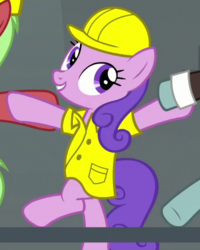 Size: 340x425 | Tagged: safe, screencap, pun twirl, earth pony, pony, g4, the last laugh, background pony, bipedal, cropped, dancing, hard hat, line dancing, solo focus