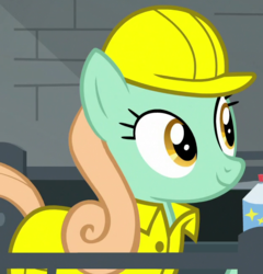 Size: 625x650 | Tagged: safe, screencap, summermint, earth pony, pony, g4, the last laugh, background pony, cropped, female, hard hat, mare, solo